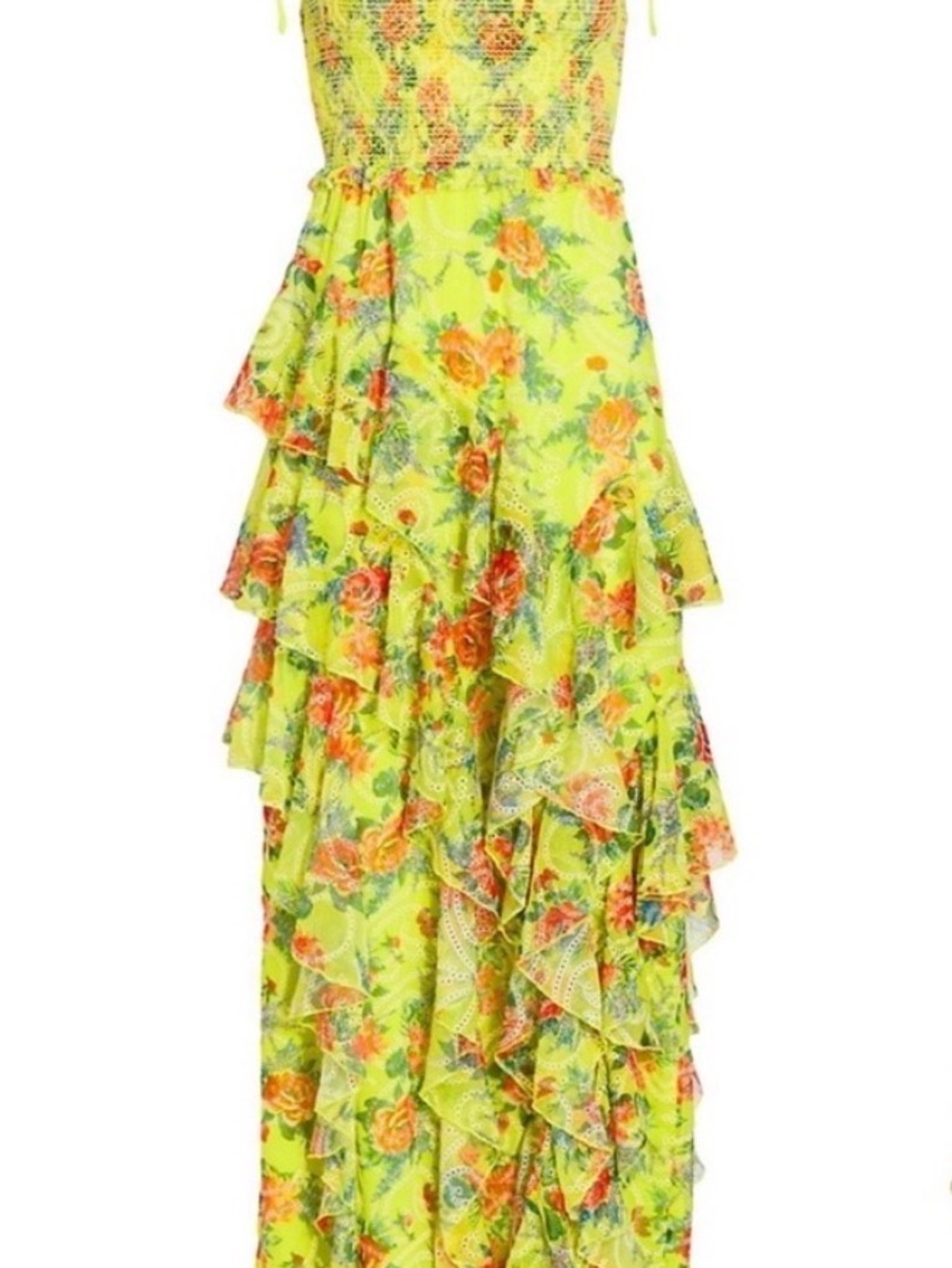 Alice + Olivia Neon Yellow Floral Ruffle Tie-Shoulder Maxi Dress - Picture 2 of 4